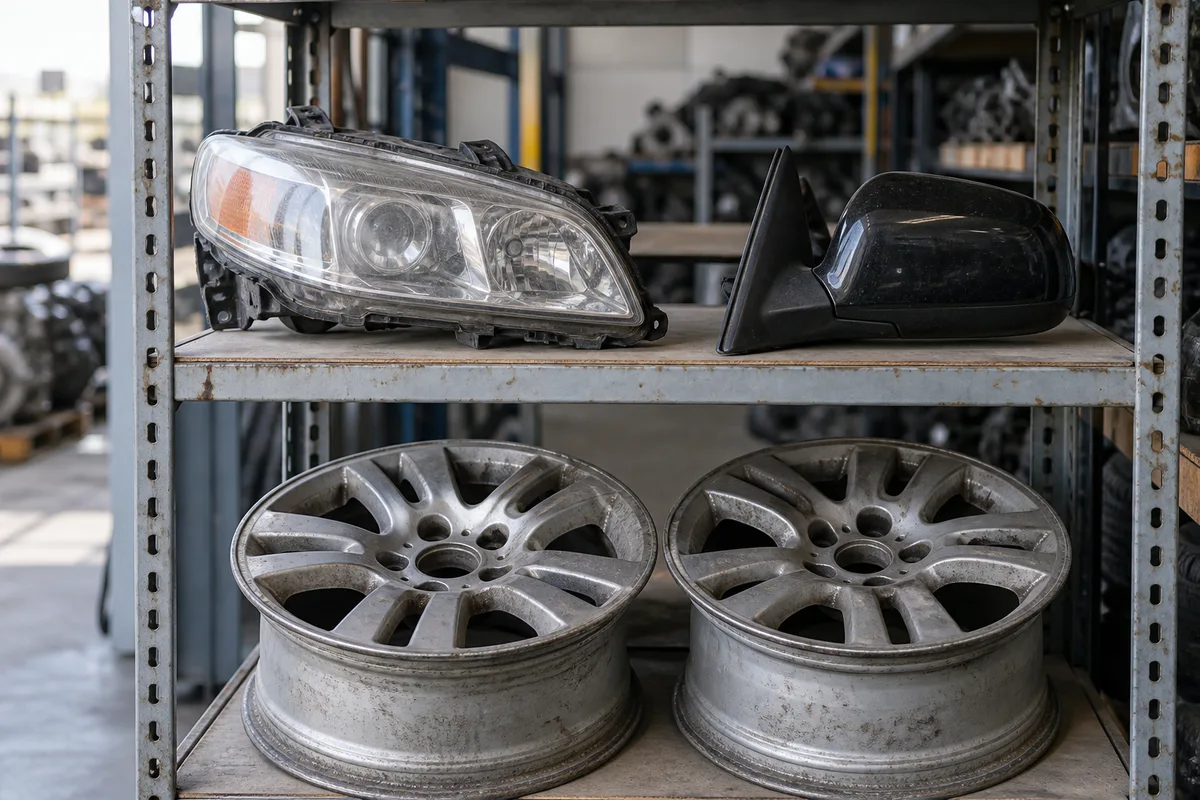 Reusable vehicle components arranged on workshop shelves.