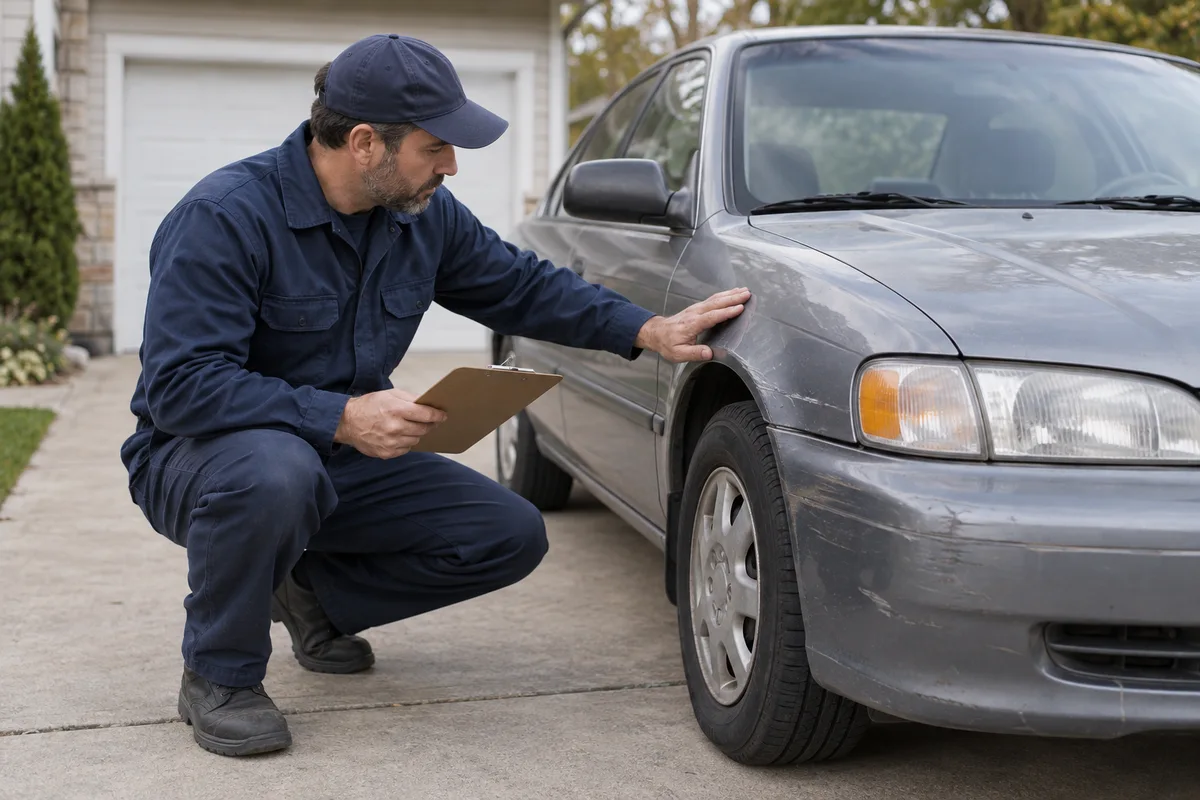 An inspector examining the condition of an older car.