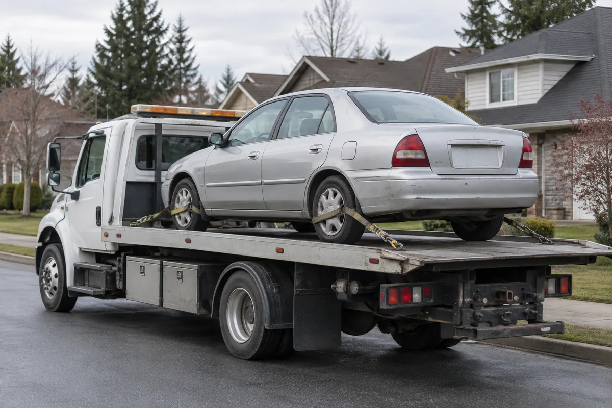 An older silver sedan secured on a flatbed tow truck.