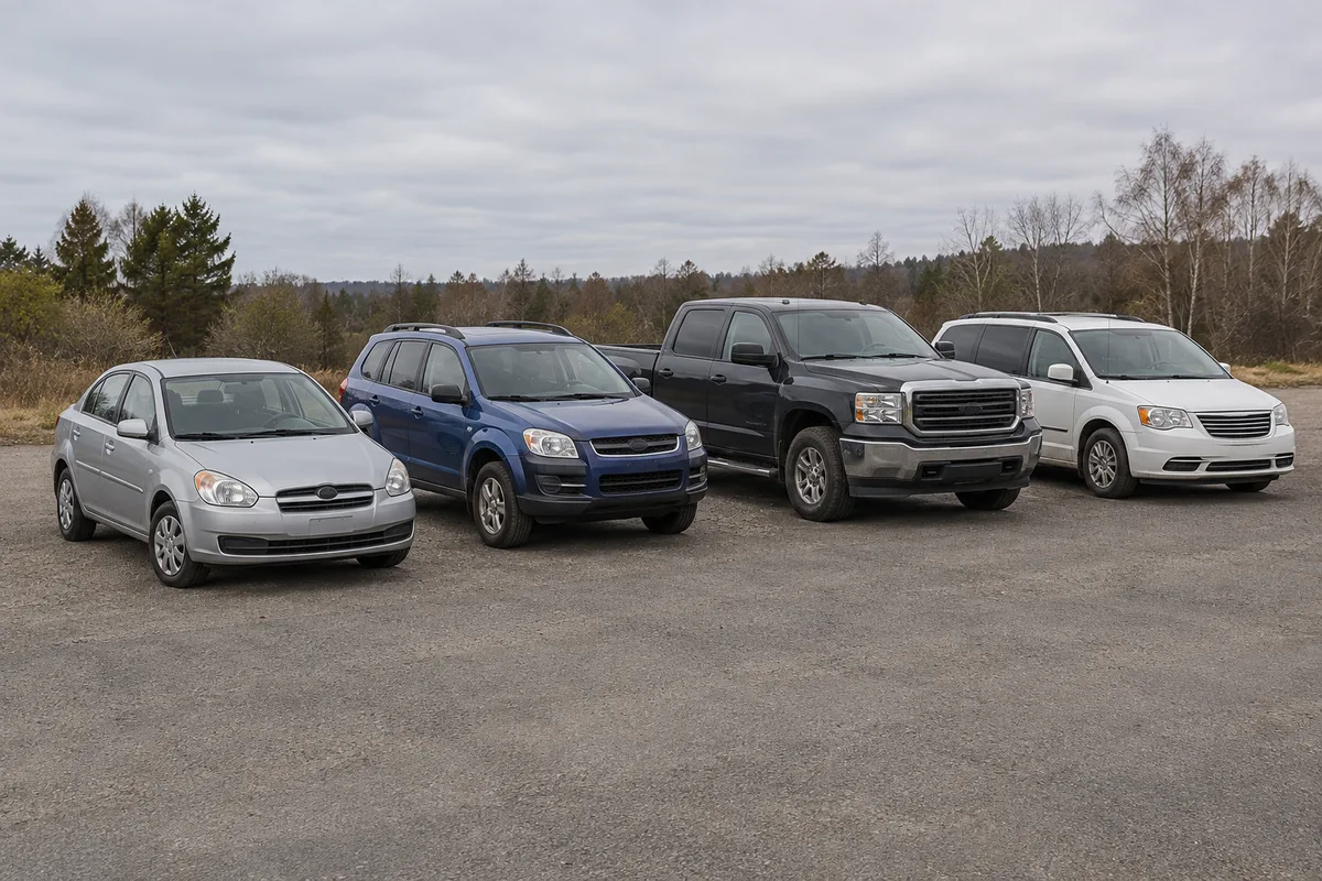 A sedan, SUV, pickup truck and minivan parked together.